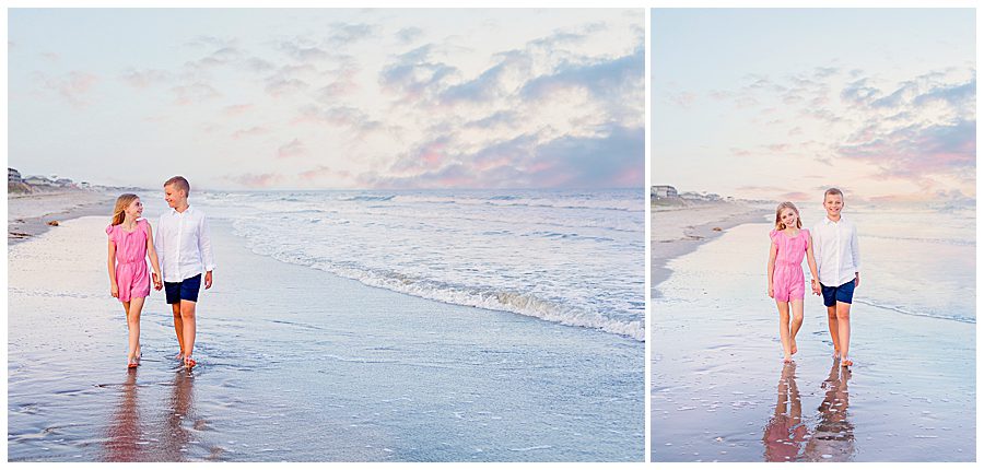 Family walking together on Ocean Isle Beach at sunset