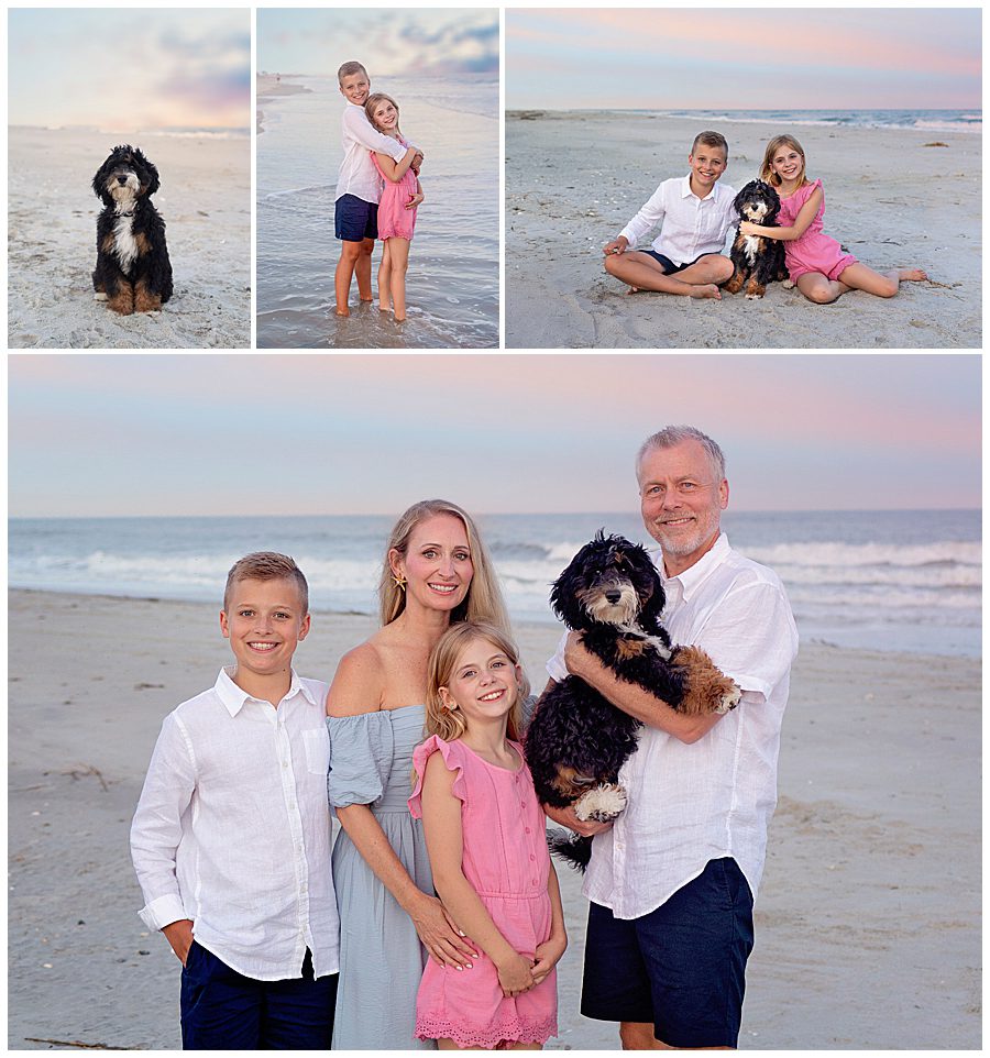 Family walking together on bald head island at sunset