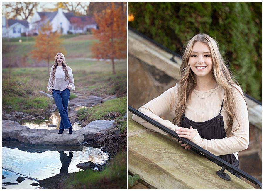 High school senior girl smiling in front of fall foliage in Chapel Hill