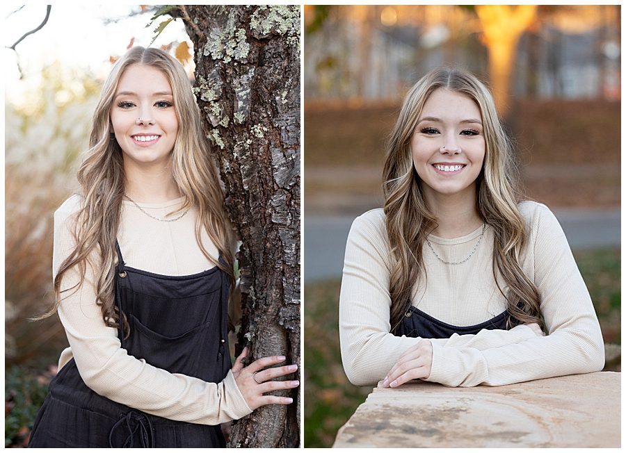 High school senior girl smiling in front of fall foliage in Chapel Hill